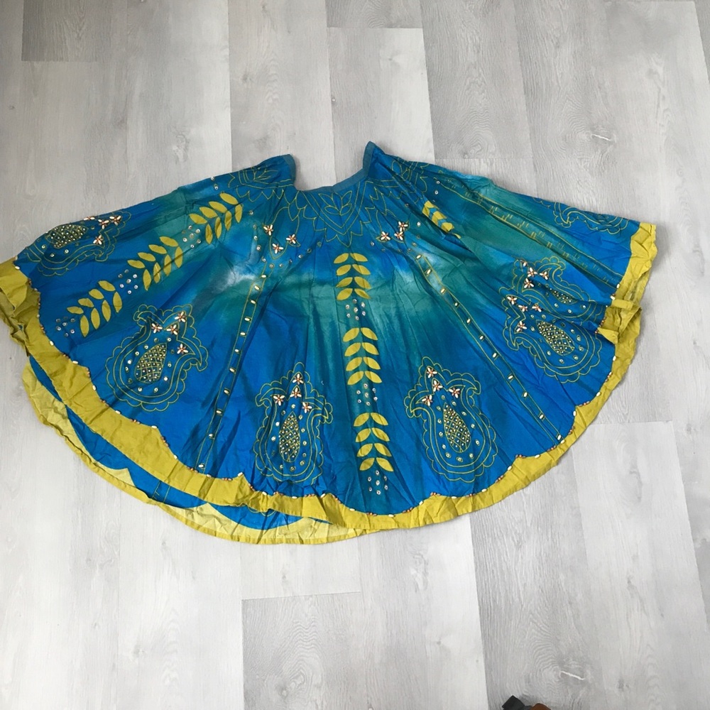 LAPIS SKIRT BLUE YELLOW BEADED A LINE CIRCLE KNEE LENGTH WOMENS MEDIUM